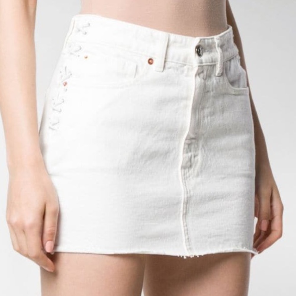 IRO Distressed Raw Hem Side Lace Up Denim Mini Skirt White Size 34 (2)
